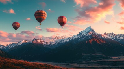 Fototapeta premium Three hot air balloons soar over majestic snow-capped mountains at sunset.