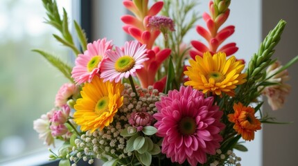 A close-up view of a beautifully crafted floral arrangement, highlighting the intricate details of the flowers and foliage, creating a visually appealing centerpiece that adds charm and elegance to an