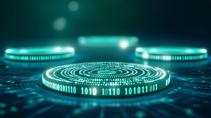 A futuristic digital interface featuring glowing binary codes and a circular holographic design, symbolizing technology, data, and innovation.
