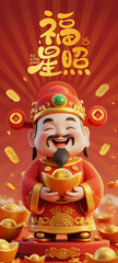 Fototapeta premium Chinese New Year God of Wealth Good Luck Fortune Wishes Poster Red Envelope Greeting Card Wallpaper