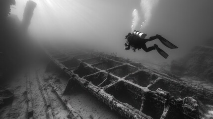 Fototapeta premium A scuba diver explores a sunlit, underwater shipwreck.