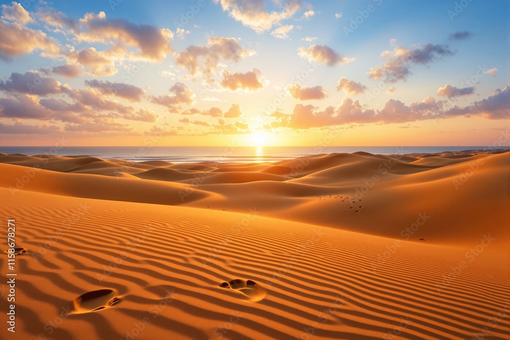 Poster desert dunes with footprints, illuminated by the warm glow of a sunset. clear sky scattered with sof
