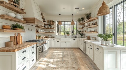 Bright farmhouse kitchen with white cabinets, wood shelves, and a large window.