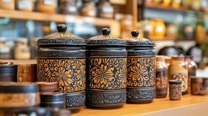 Three ornate ceramic jars with floral patterns on wooden shelf.