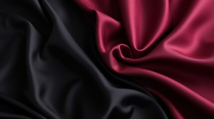 Obraz premium A luxurious background featuring a blend of black, dark gray, purple, and burgundy red silk satin fabric, showcasing elegant drapery with folds and creases that shimmer and shine, perfect for festive 