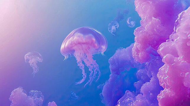 Colorful jellyfish gracefully float among vibrant pink and blue hues in deep ocean waters during daylight. Generative AI