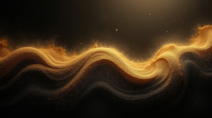 black space, illusion, flowing light, golden sand, golden thread, Aerial view of golden quicksand forming river convergence patterns,, luxury, depth  