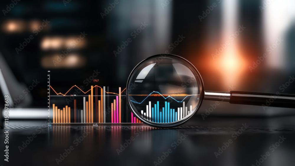 Poster analyzing stock metrics with magnifying glass in vibrant setting
