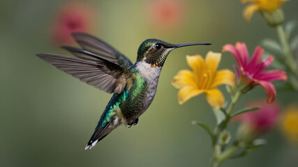 A hovering hummingbird feeding on nectar from brightly colored flowers. The bird&rsquo;s sharp details contrast beautifully against a gradient green background for a serene aesthetic.