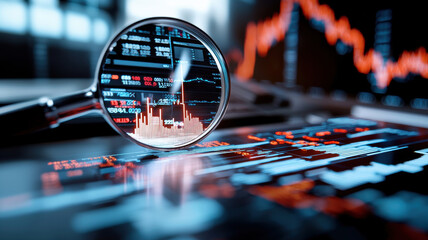 Obraz premium magnifying glass reveals stock market trends on glowing screen
