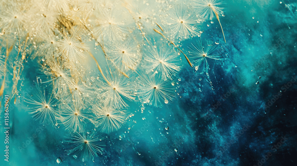Poster delicate dandelion seeds floating on a serene blue background with sparkling water droplets during s