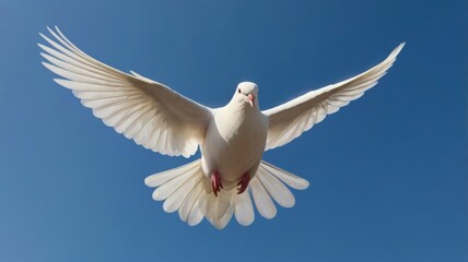 Fototapeta premium A serene image of a white peace dove in flight, symbolizing hope and tranquility, set against a clear blue sky, capturing the essence of peace and freedom.