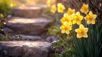 Sunlit stone steps with blooming daffodils.