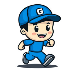 Happy boy running in blue outfit.