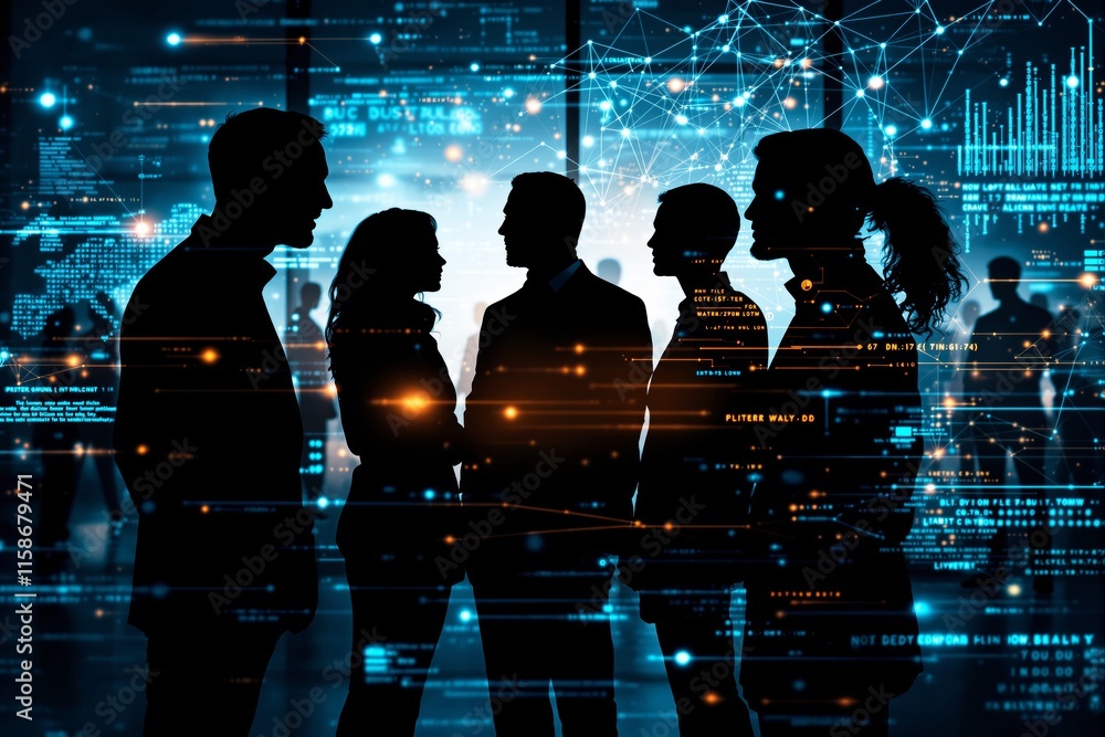 Poster group of silhouettes of business professionals interacting against a glowing digital background, sho