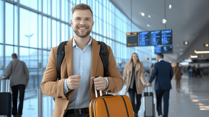 Travelers with rolling suitcases at airport terminal, smiling and ready to explore