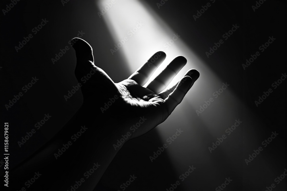 Poster outstretched hand illuminated by a dramatic beam of light in a dark environment, creating a powerful