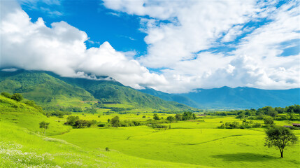 Obraz premium A lush green meadow under a bright blue sky with clouds, featuring rolling hills and natural beauty, evoking tranquility and freshness.