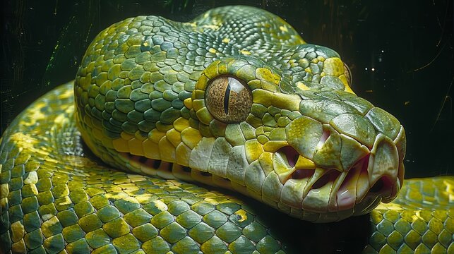 A green and yellow snake with yellow eyes