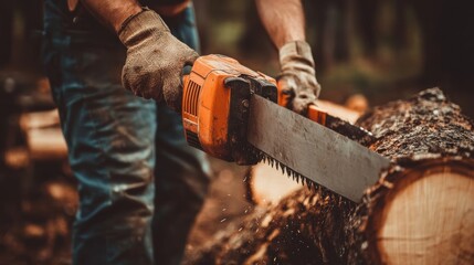 Using Heavy Duty Saw to Trim Fallen Log in Woodland