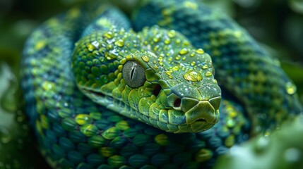 Fototapeta premium A green snake with a yellow head and green body
