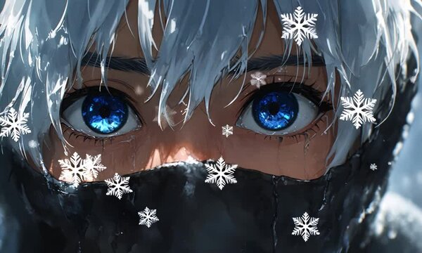 animated blue-eyed cartun face with flying snow white