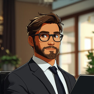 An animated office worker, wearing glasses and a tie, designed with clean, professional lines generative AI