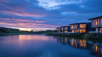 Fototapeta premium Modern waterfront homes at sunset reflecting in calm water.