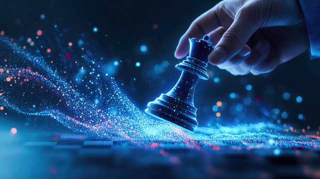 Strategic move in a digital chess game at night with vibrant effects illuminating the board. Generative AI