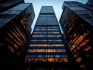 Futuristic urban architecture with towering skyscrapers reflecting warm sunset hues against a cool blue sky, creating a striking and modern cityscape.