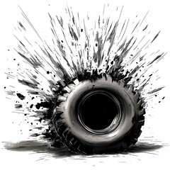 Mud splattered tire with radial burst effect.
