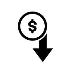 Dollar Down Icon Flat Style. Dollar Drop Vector. Dollar Fall Isolated Icon. Down Dollar Illustration. Dollar Collapse Icon. Dollar Falling Icon for Apps UI. Dollar Fall Web Icon. Dollar Icon Design.