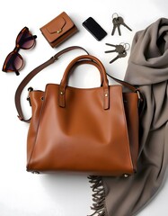 Brown Leather Tote Bag Stylish Accessories Flatlay