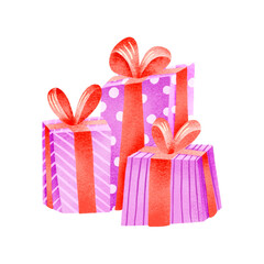 Pink gift boxes, presents, packages with bow. Christmas gift. Hand drawn illustration on isolated  background. Birthday