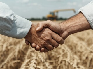 Two farmers shake hands warmly in front of a ripe wheat field, symbolizing partnership and collaboration. A harvester is visible in the background under clear skies.