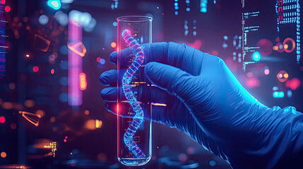 Laboratory scientist holds DNA strand in test tube with neon digital data in futuristic research environment. Generative AI