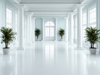A serene white corridor with tall columns, featuring symmetrical potted plants. Soft lighting enhances the classical architecture, creating a calm atmosphere.