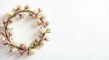Floral wreath made of white and pink flowers with green leaves on white background. Minimalistic spring decoration with copy space