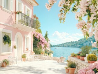 A serene seafront scene with blooming azalea flowers, featuring a pastel pink villa overlooking the calm turquoise waters of the French Riviera under a clear blue sky.