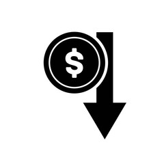 Dollar Down Icon Flat Style. Dollar Drop Vector. Dollar Fall Isolated Icon. Down Dollar Illustration. Dollar Collapse Icon. Dollar Falling Icon for Apps UI. Dollar Fall Web Icon. Dollar Icon Design.