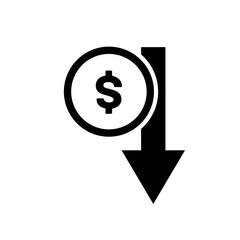 Dollar Down Icon Flat Style. Dollar Drop Vector. Dollar Fall Isolated Icon. Down Dollar Illustration. Dollar Collapse Icon. Dollar Falling Icon for Apps UI. Dollar Fall Web Icon. Dollar Icon Design.