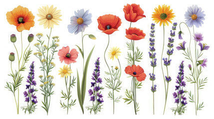 Fototapeta premium A colorful arrangement of various flowers illustrating nature's beauty. isolated on white background