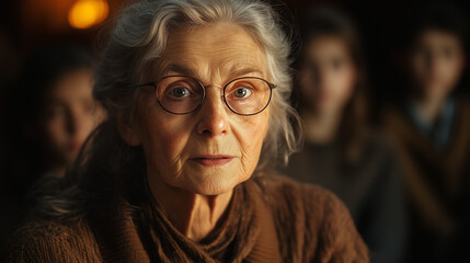 A Holocaust survivor speaking to a group of young people in a dimly lit room, warm spotlight on their face, their expression filled with wisdom and resilience