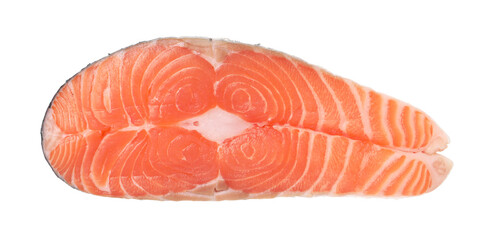 Steak of fresh raw salmon isolated on white, top view