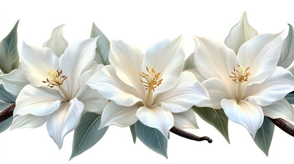 Fototapeta premium Elegant White Lily Flowers with Green Leaves on a White Background