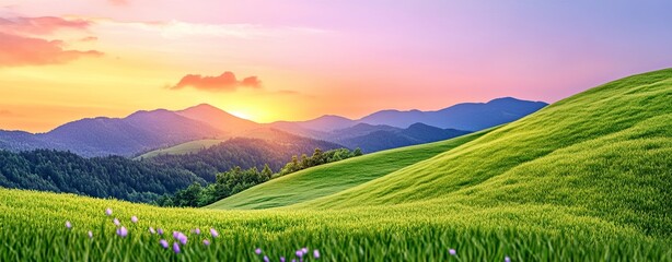 Obraz premium Sunset Over Grassy Hill with Soft Orange Blending