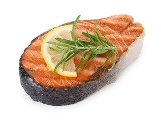 Tasty grilled salmon steak with lemon and rosemary isolated on white