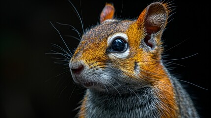 Obraz premium A small brown and gray squirrel with a black nose and brown eyes