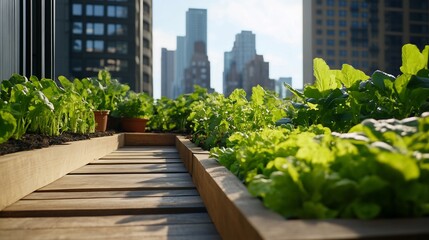 Fototapeta premium Vibrant Rooftop Garden Thriving Amidst Cityscape: Close-Up Photo. AI Generated