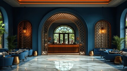 Obraz premium Luxurious blue lounge with archways, bar, and marble floor.